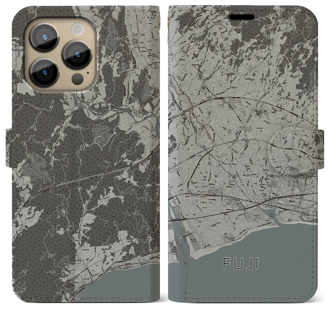 【富士】地図柄iPhoneケース（手帳両面タイプ・モノトーン）iPhone 14 Pro Max 用