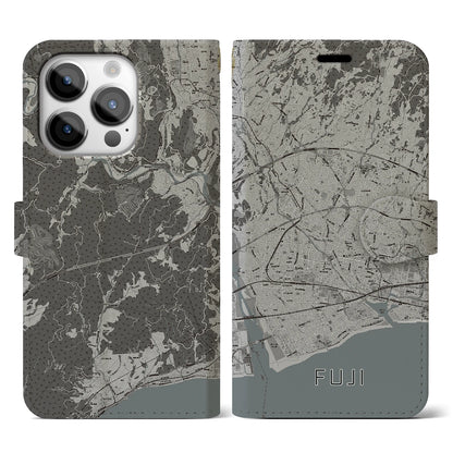 【富士（静岡県）】地図柄iPhoneケース（手帳タイプ）モノトーン・iPhone 14 Pro 用