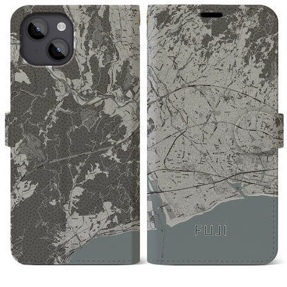【富士（静岡県）】地図柄iPhoneケース（手帳タイプ）モノトーン・iPhone 14 Plus 用