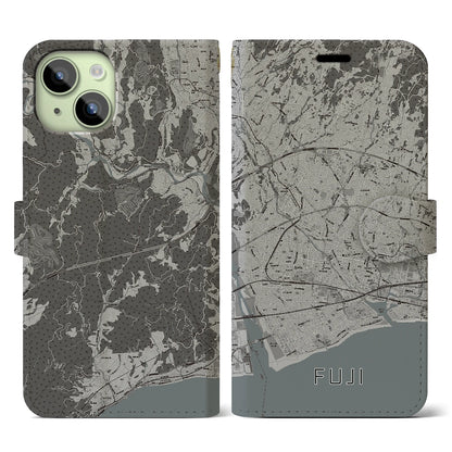 【富士（静岡県）】地図柄iPhoneケース（手帳タイプ）モノトーン・iPhone 15 用