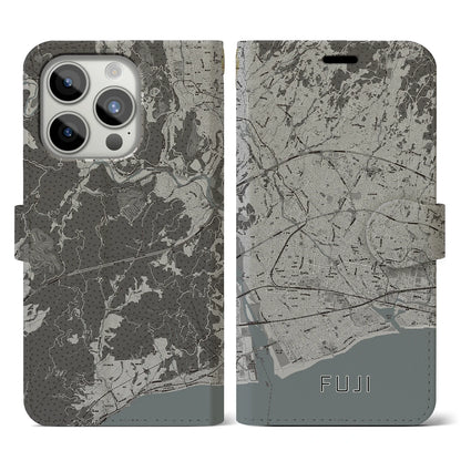 【富士（静岡県）】地図柄iPhoneケース（手帳タイプ）モノトーン・iPhone 15 Pro 用