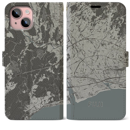 【富士（静岡県）】地図柄iPhoneケース（手帳タイプ）モノトーン・iPhone 15 Plus 用