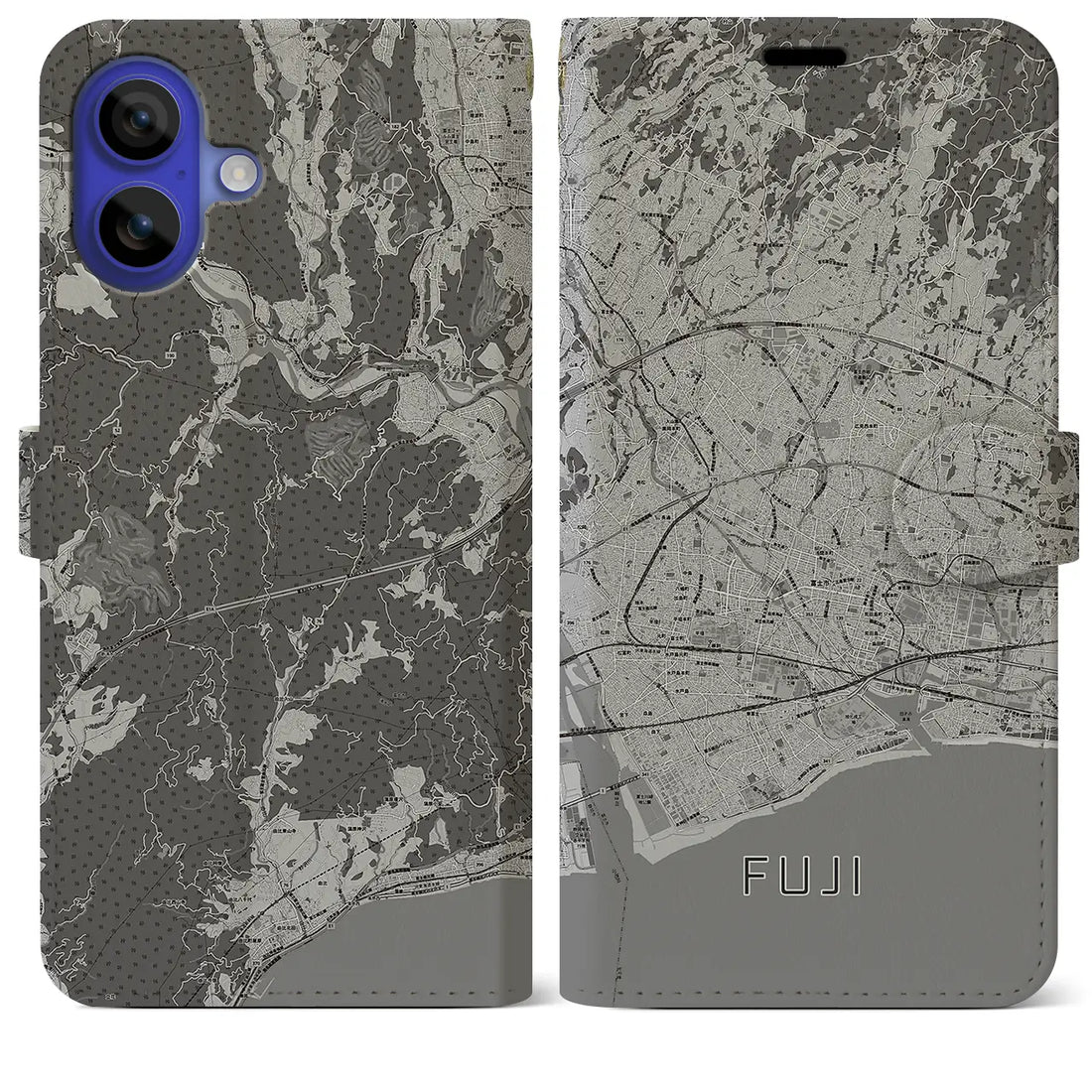 【富士(静岡県)】地図柄iPhoneケース(手帳タイプ)モノトーン・iPhone 16 Pro Max 用