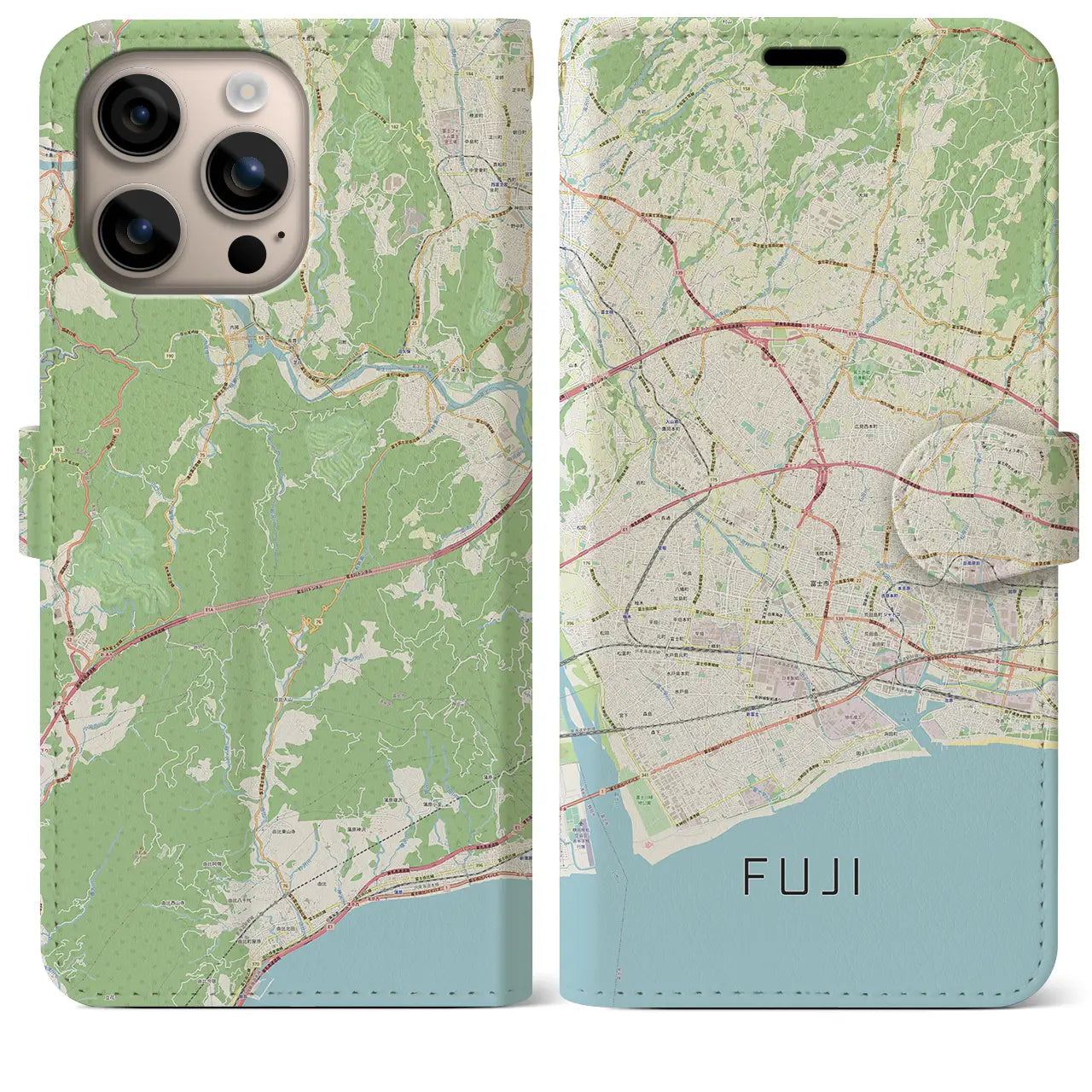 【富士（静岡県）】地図柄iPhoneケース（手帳タイプ）ナチュラル・iPhone 16 Plus 用