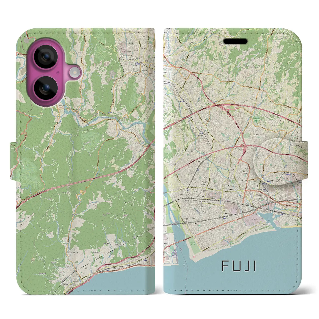 【富士（静岡県）】地図柄iPhoneケース（手帳タイプ）ナチュラル・iPhone 16 Pro 用