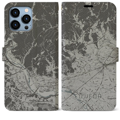 【藤枝（静岡県）】地図柄iPhoneケース（手帳タイプ）モノトーン・iPhone 13 Pro Max 用