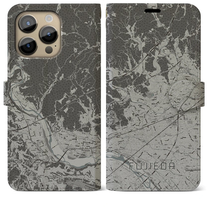 【藤枝（静岡県）】地図柄iPhoneケース（手帳タイプ）モノトーン・iPhone 14 Pro Max 用