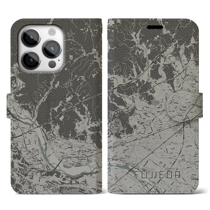 【藤枝（静岡県）】地図柄iPhoneケース（手帳タイプ）モノトーン・iPhone 14 Pro 用
