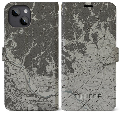【藤枝（静岡県）】地図柄iPhoneケース（手帳タイプ）モノトーン・iPhone 14 Plus 用