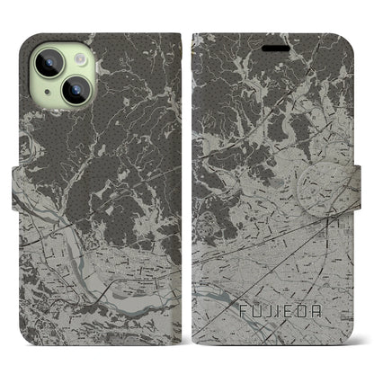 【藤枝（静岡県）】地図柄iPhoneケース（手帳タイプ）モノトーン・iPhone 15 用