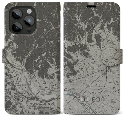 【藤枝（静岡県）】地図柄iPhoneケース（手帳タイプ）モノトーン・iPhone 15 Pro Max 用