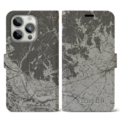 【藤枝（静岡県）】地図柄iPhoneケース（手帳タイプ）モノトーン・iPhone 15 Pro 用