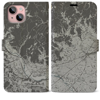 【藤枝（静岡県）】地図柄iPhoneケース（手帳タイプ）モノトーン・iPhone 15 Plus 用