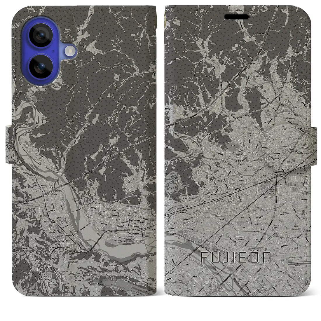 【藤枝(静岡県)】地図柄iPhoneケース(手帳タイプ)モノトーン・iPhone 16 Pro Max 用