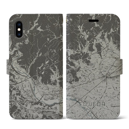 【藤枝（静岡県）】地図柄iPhoneケース（手帳タイプ）モノトーン・iPhone XS / X 用