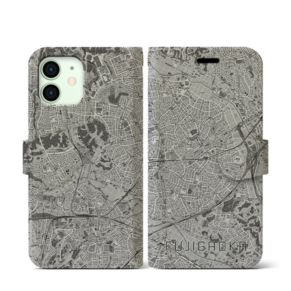 【藤が丘（神奈川県）】地図柄iPhoneケース（手帳タイプ）モノトーン・iPhone 12 mini 用