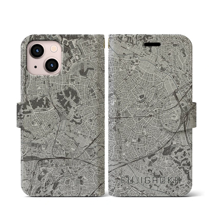 【藤が丘（神奈川県）】地図柄iPhoneケース（手帳タイプ）モノトーン・iPhone 13 mini 用