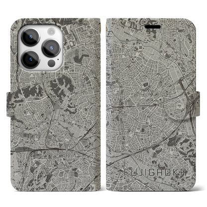 【藤が丘（神奈川県）】地図柄iPhoneケース（手帳タイプ）モノトーン・iPhone 14 Pro 用