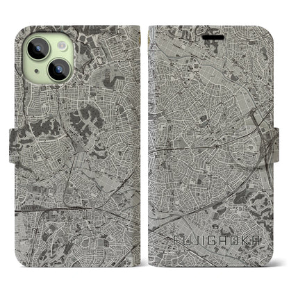 【藤が丘（神奈川県）】地図柄iPhoneケース（手帳タイプ）モノトーン・iPhone 15 用