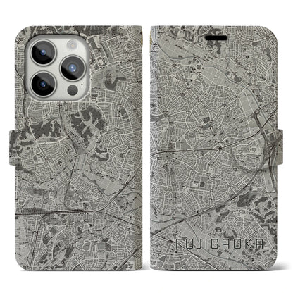 【藤が丘（神奈川県）】地図柄iPhoneケース（手帳タイプ）モノトーン・iPhone 15 Pro 用