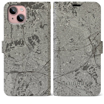 【藤が丘（神奈川県）】地図柄iPhoneケース（手帳タイプ）モノトーン・iPhone 15 Plus 用