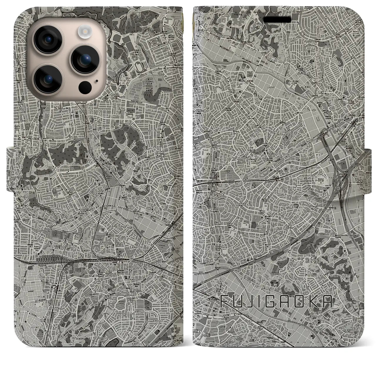 【藤が丘（神奈川県）】地図柄iPhoneケース（手帳タイプ）モノトーン・iPhone 16 Plus 用