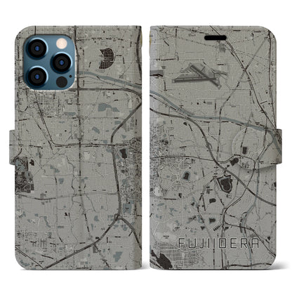 【藤井寺（大阪府）】地図柄iPhoneケース（手帳タイプ）モノトーン・iPhone 12 / 12 Pro 用