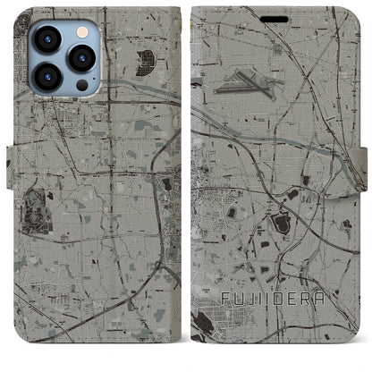 【藤井寺（大阪府）】地図柄iPhoneケース（手帳タイプ）モノトーン・iPhone 13 Pro Max 用