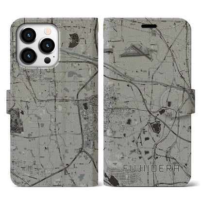 【藤井寺（大阪府）】地図柄iPhoneケース（手帳タイプ）モノトーン・iPhone 13 Pro 用
