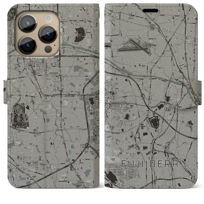 【藤井寺（大阪府）】地図柄iPhoneケース（手帳タイプ）モノトーン・iPhone 14 Pro Max 用