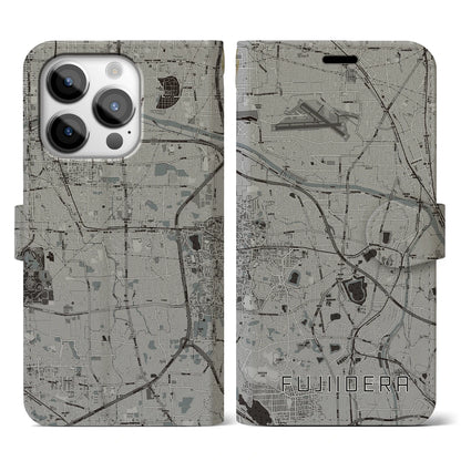 【藤井寺（大阪府）】地図柄iPhoneケース（手帳タイプ）モノトーン・iPhone 14 Pro 用