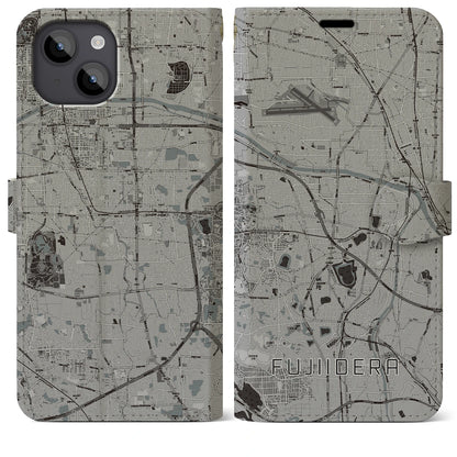 【藤井寺（大阪府）】地図柄iPhoneケース（手帳タイプ）モノトーン・iPhone 14 Plus 用