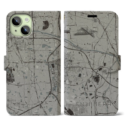 【藤井寺（大阪府）】地図柄iPhoneケース（手帳タイプ）モノトーン・iPhone 15 用