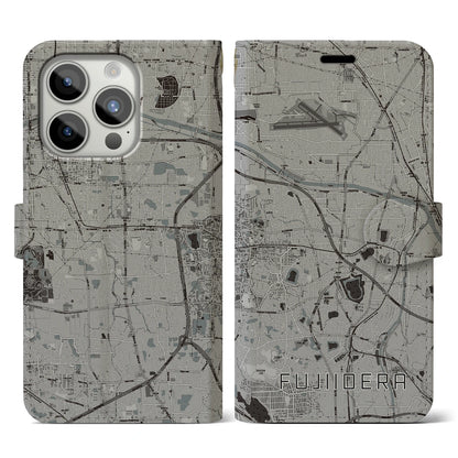【藤井寺（大阪府）】地図柄iPhoneケース（手帳タイプ）モノトーン・iPhone 15 Pro 用
