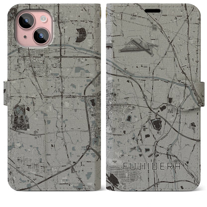 【藤井寺（大阪府）】地図柄iPhoneケース（手帳タイプ）モノトーン・iPhone 15 Plus 用