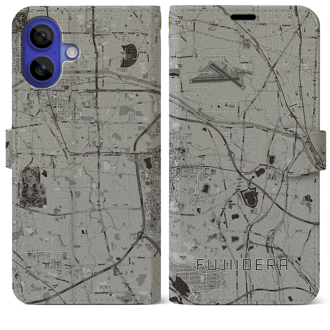 【藤井寺(大阪府)】地図柄iPhoneケース(手帳タイプ)モノトーン・iPhone 16 Pro Max 用