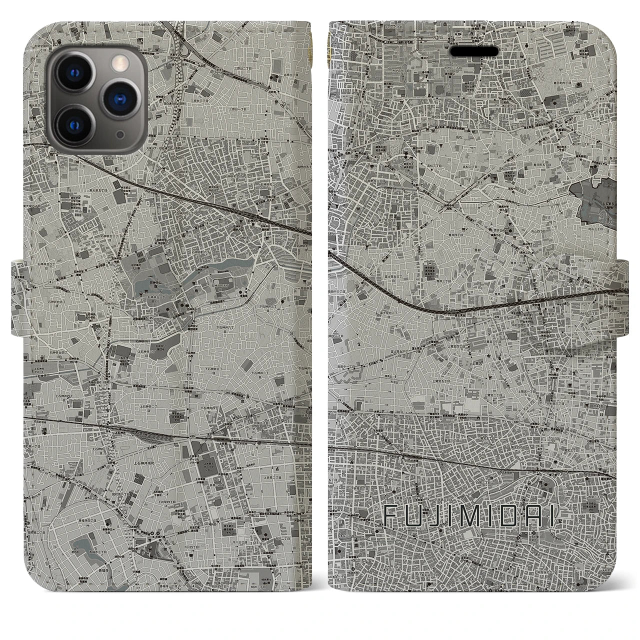 【富士見台】地図柄iPhoneケース（手帳両面タイプ・モノトーン）iPhone 11 Pro Max 用