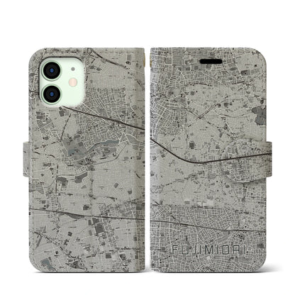 【富士見台（東京都）】地図柄iPhoneケース（手帳タイプ）モノトーン・iPhone 12 mini 用