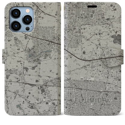 【富士見台（東京都）】地図柄iPhoneケース（手帳タイプ）モノトーン・iPhone 13 Pro Max 用