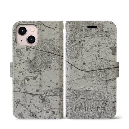 【富士見台（東京都）】地図柄iPhoneケース（手帳タイプ）モノトーン・iPhone 13 mini 用