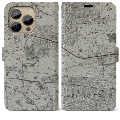 【富士見台（東京都）】地図柄iPhoneケース（手帳タイプ）モノトーン・iPhone 14 Pro Max 用