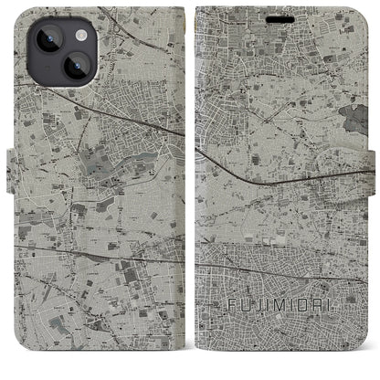 【富士見台（東京都）】地図柄iPhoneケース（手帳タイプ）モノトーン・iPhone 14 Plus 用