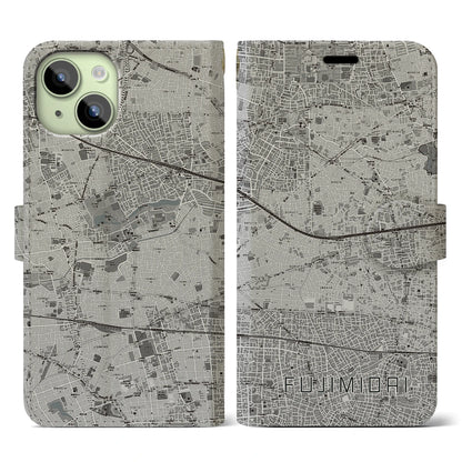 【富士見台（東京都）】地図柄iPhoneケース（手帳タイプ）モノトーン・iPhone 15 用