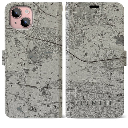 【富士見台（東京都）】地図柄iPhoneケース（手帳タイプ）モノトーン・iPhone 15 Plus 用