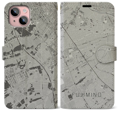 【ふじみ野（埼玉県）】地図柄iPhoneケース（手帳タイプ）モノトーン・iPhone 15 Plus 用