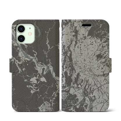 【富士宮（静岡県）】地図柄iPhoneケース（手帳タイプ）モノトーン・iPhone 12 mini 用