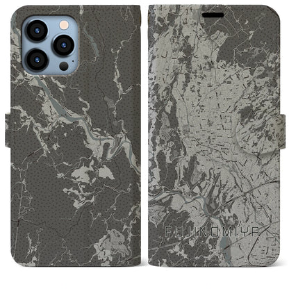 【富士宮（静岡県）】地図柄iPhoneケース（手帳タイプ）モノトーン・iPhone 13 Pro Max 用