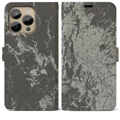 【富士宮（静岡県）】地図柄iPhoneケース（手帳タイプ）モノトーン・iPhone 14 Pro Max 用
