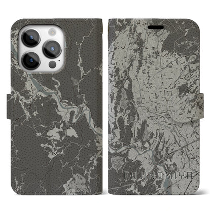 【富士宮（静岡県）】地図柄iPhoneケース（手帳タイプ）モノトーン・iPhone 14 Pro 用