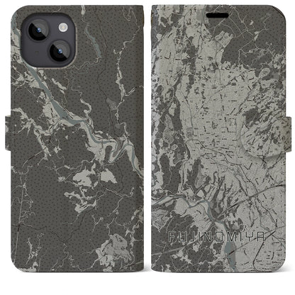 【富士宮（静岡県）】地図柄iPhoneケース（手帳タイプ）モノトーン・iPhone 14 Plus 用